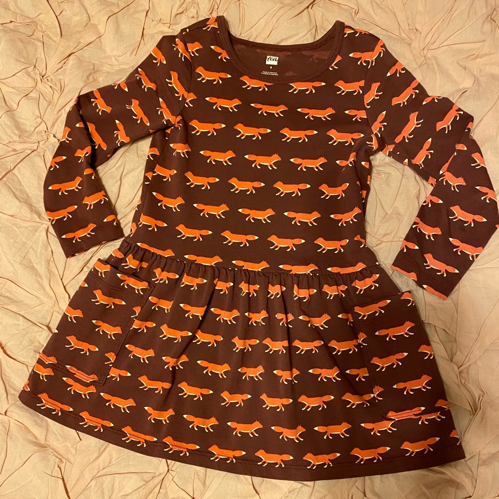 Tea Collection girls longsleeve dress fox print size 4